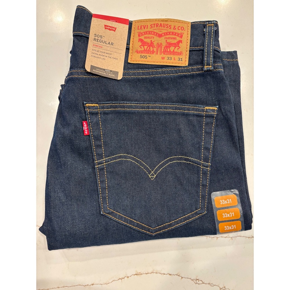 Levi's 33x31 505 Regular Fit Jeans Mens Dark Indigo Stretch NWT